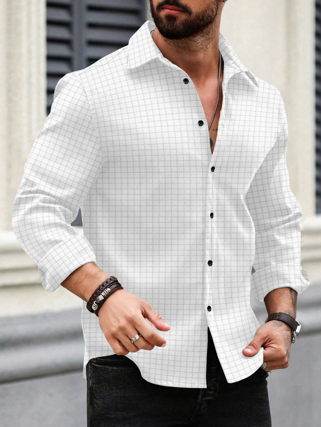 Image of VELLOSTA Men Self Design Casual White Shirt