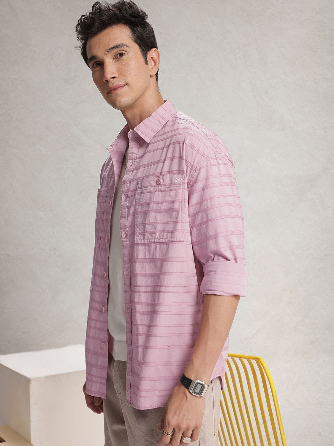 Image of WROGN Men Self Design Casual Pink Shirt