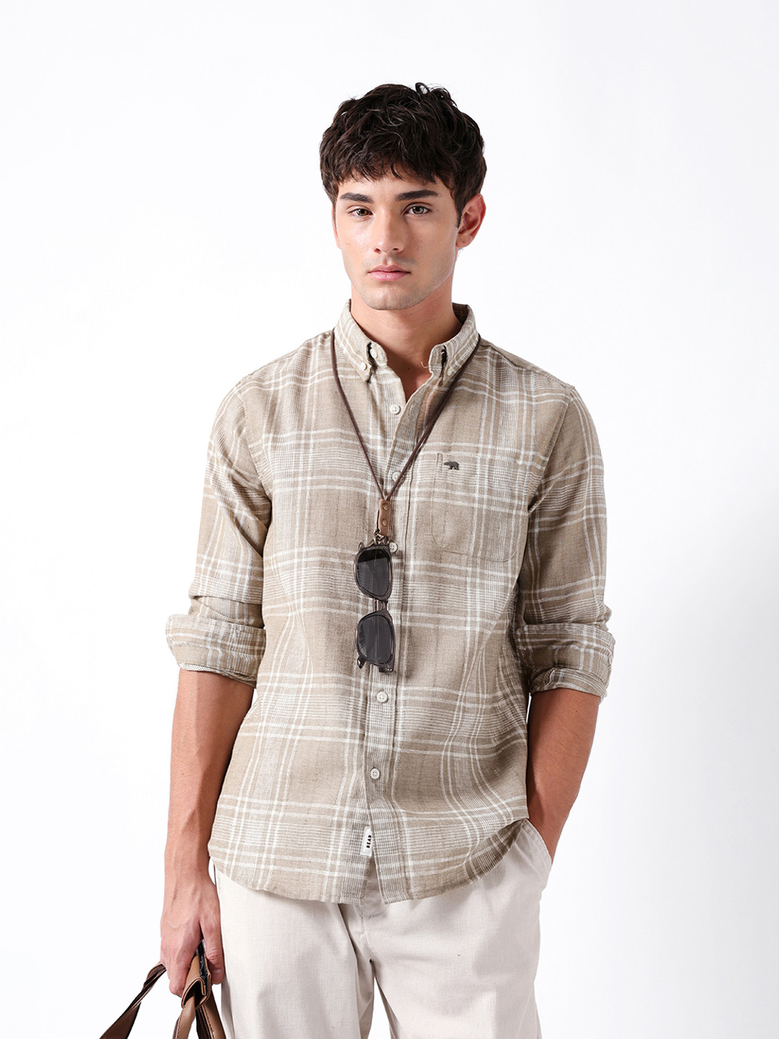 Image of THE BEAR HOUSE Men Checkered Casual Brown Shirt