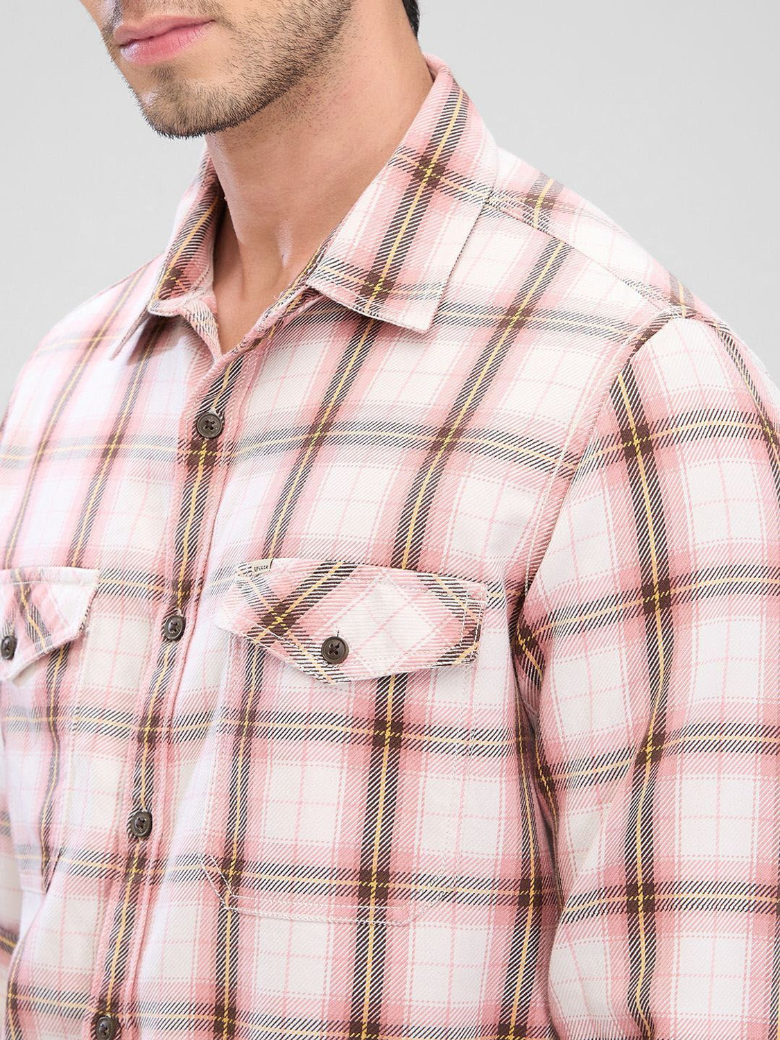 Image of Spykar Men Checkered Casual Pink Shirt