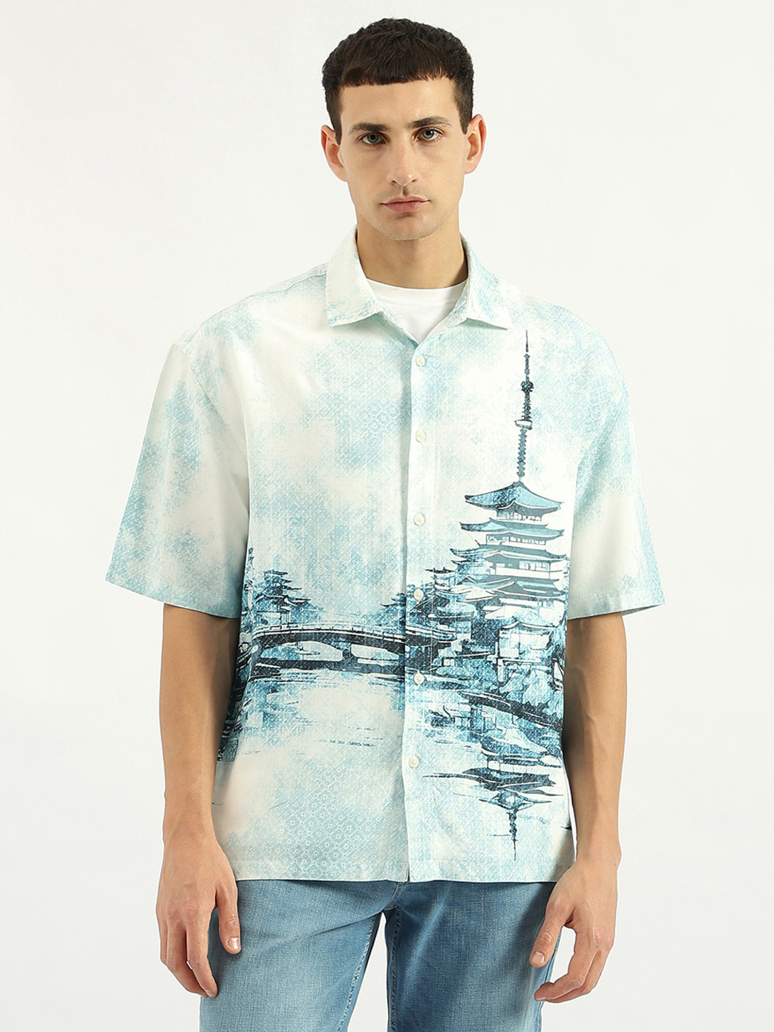 Image of United Colors of Benetton Men Printed Casual Blue Shirt