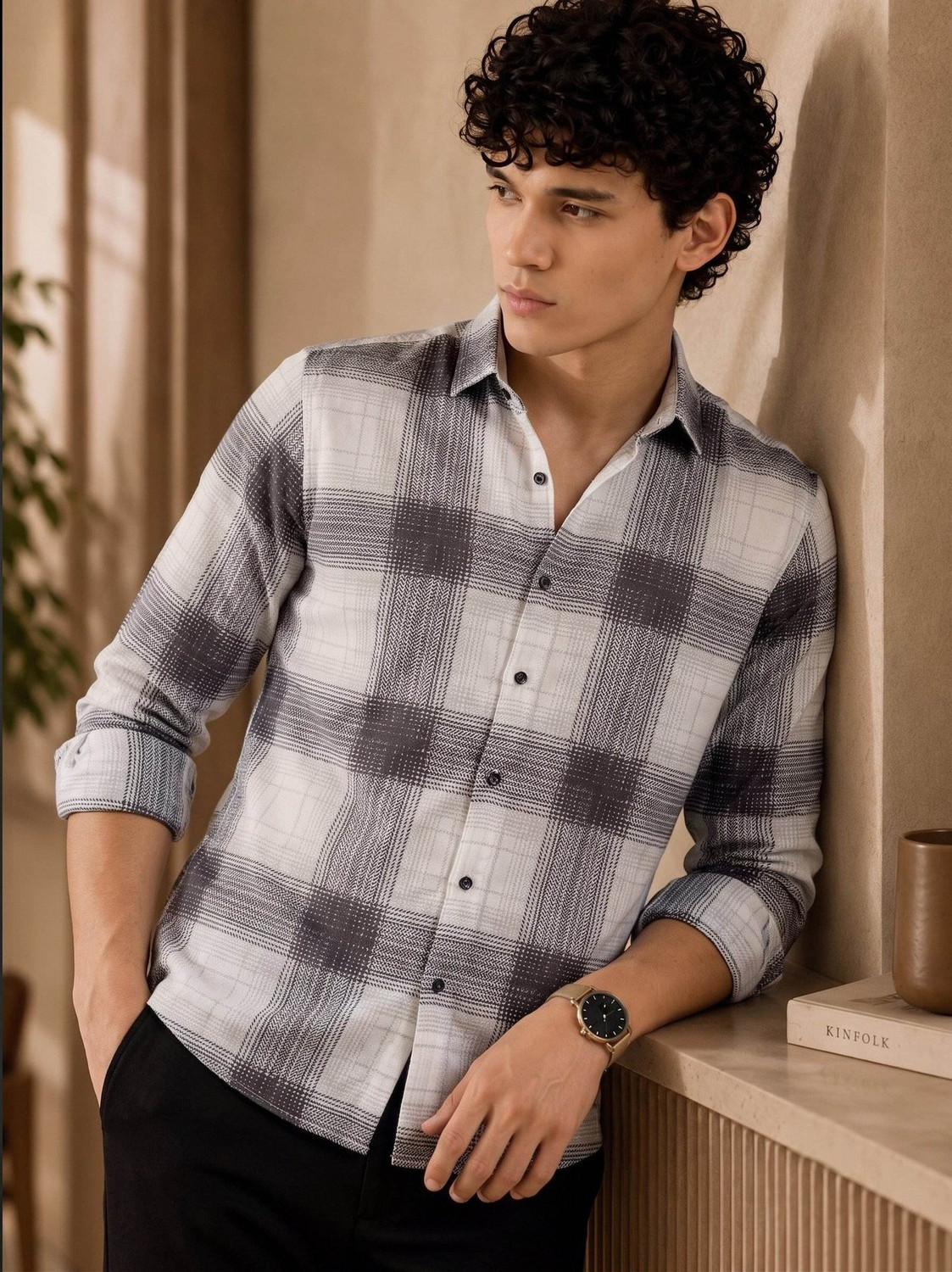 Image of Solbiza Men Checkered Casual White, Black Shirt