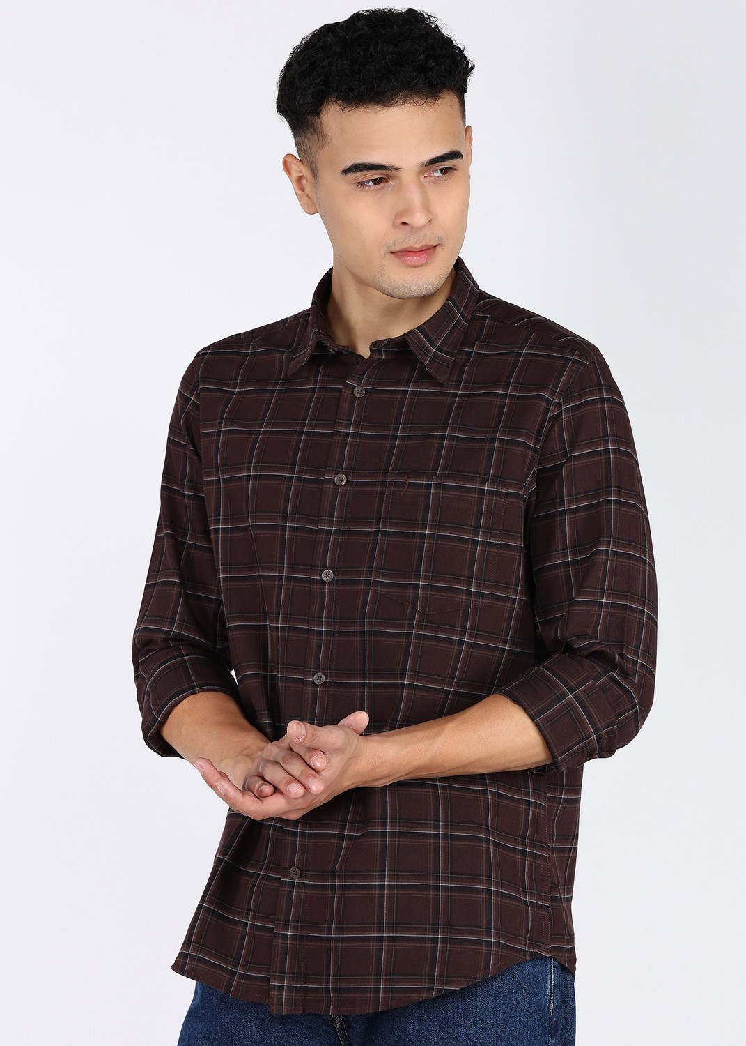 Image of INDIAN TERRAIN Men Checkered Casual Brown Shirt