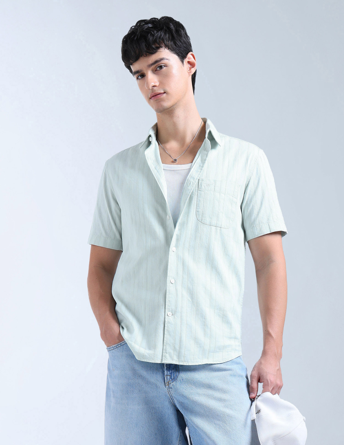 Image of FLYING MACHINE Men Self Design Casual Green Shirt