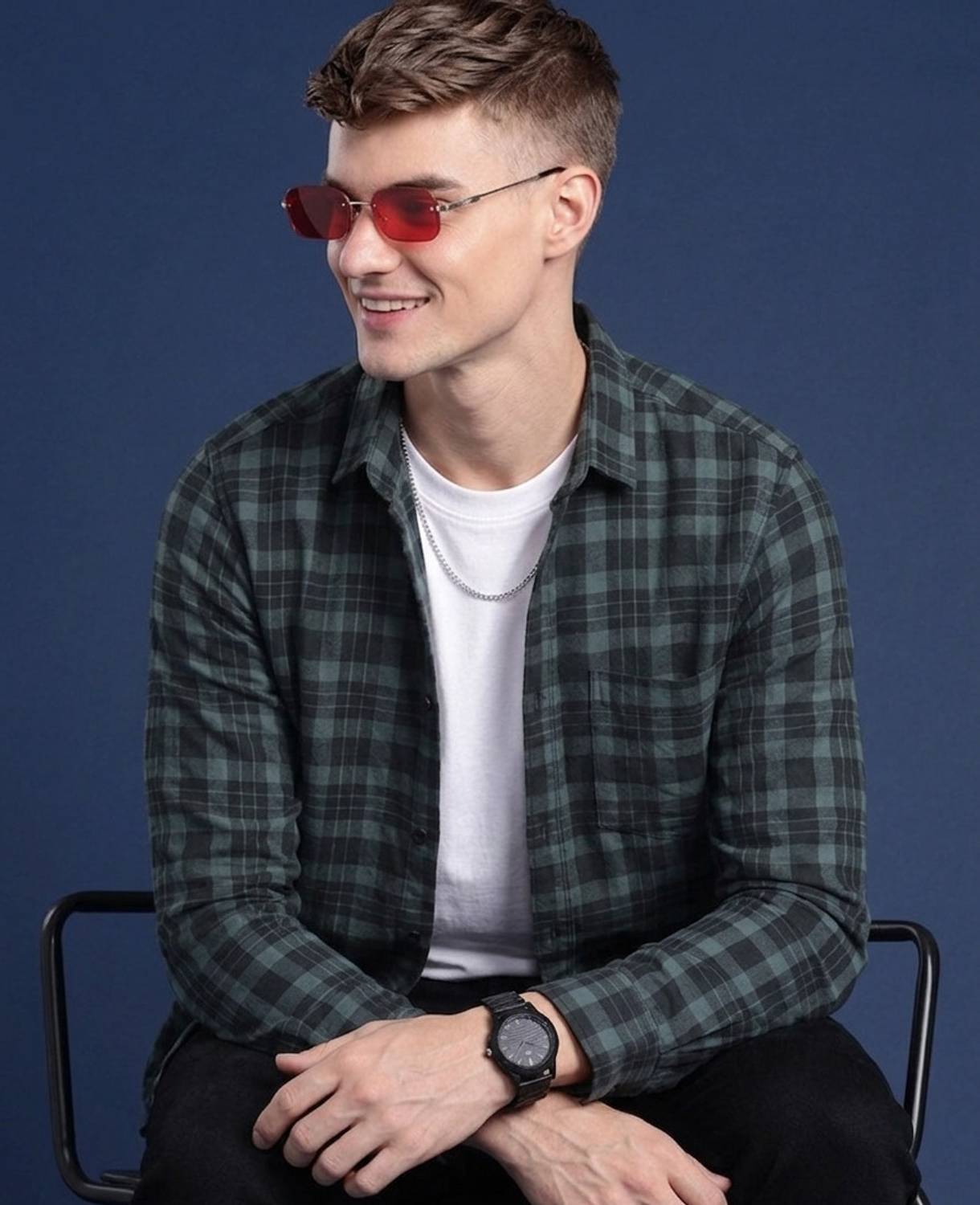Roadster Men Checkered Casual Dark Green, Black Shirt - Image 1
