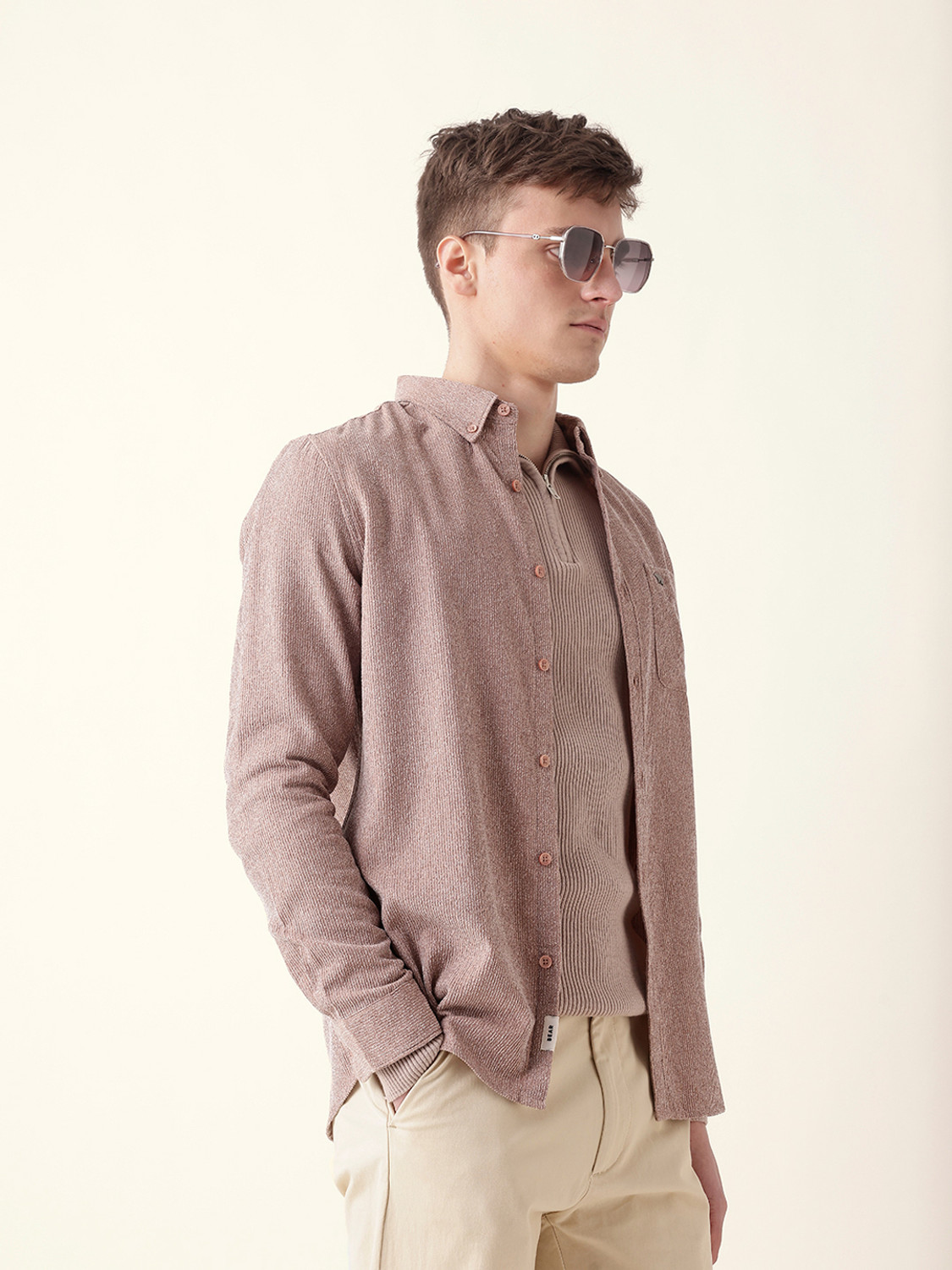 Image of THE BEAR HOUSE Men Self Design Casual Pink Shirt