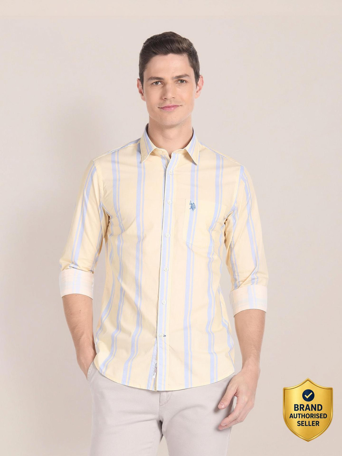 U.S. POLO ASSN. Men Striped Casual Yellow, Light Blue Shirt