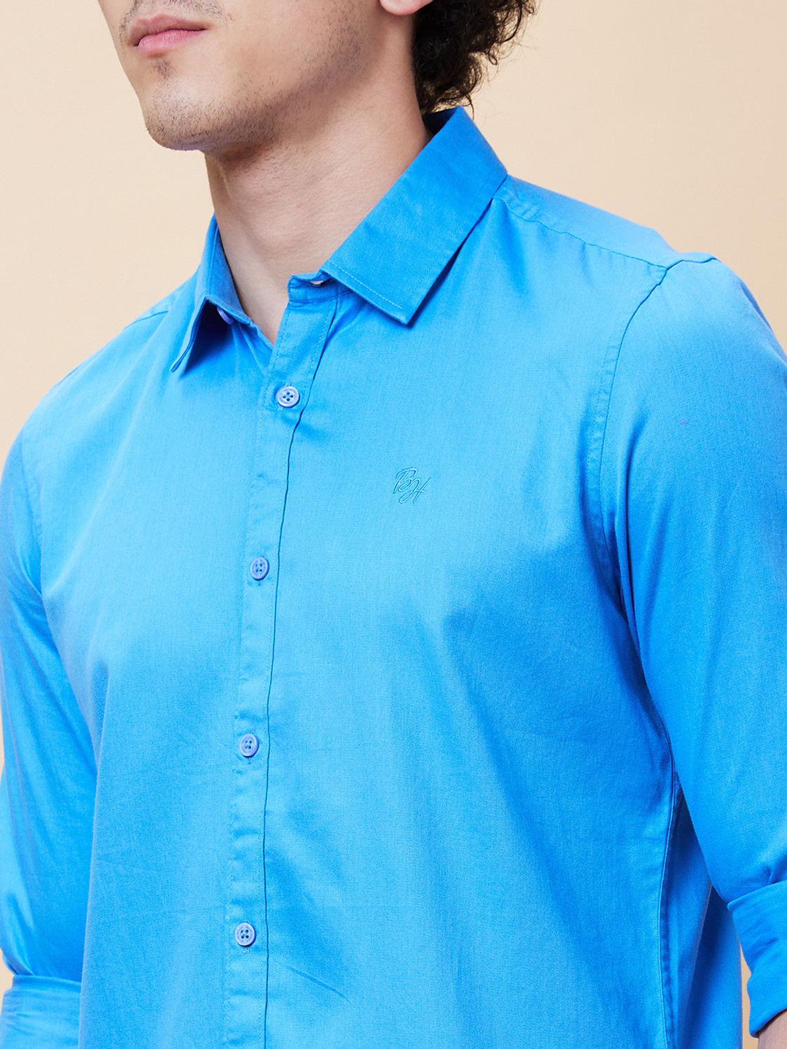 Image of BEING HUMAN Men Solid Casual Blue Shirt