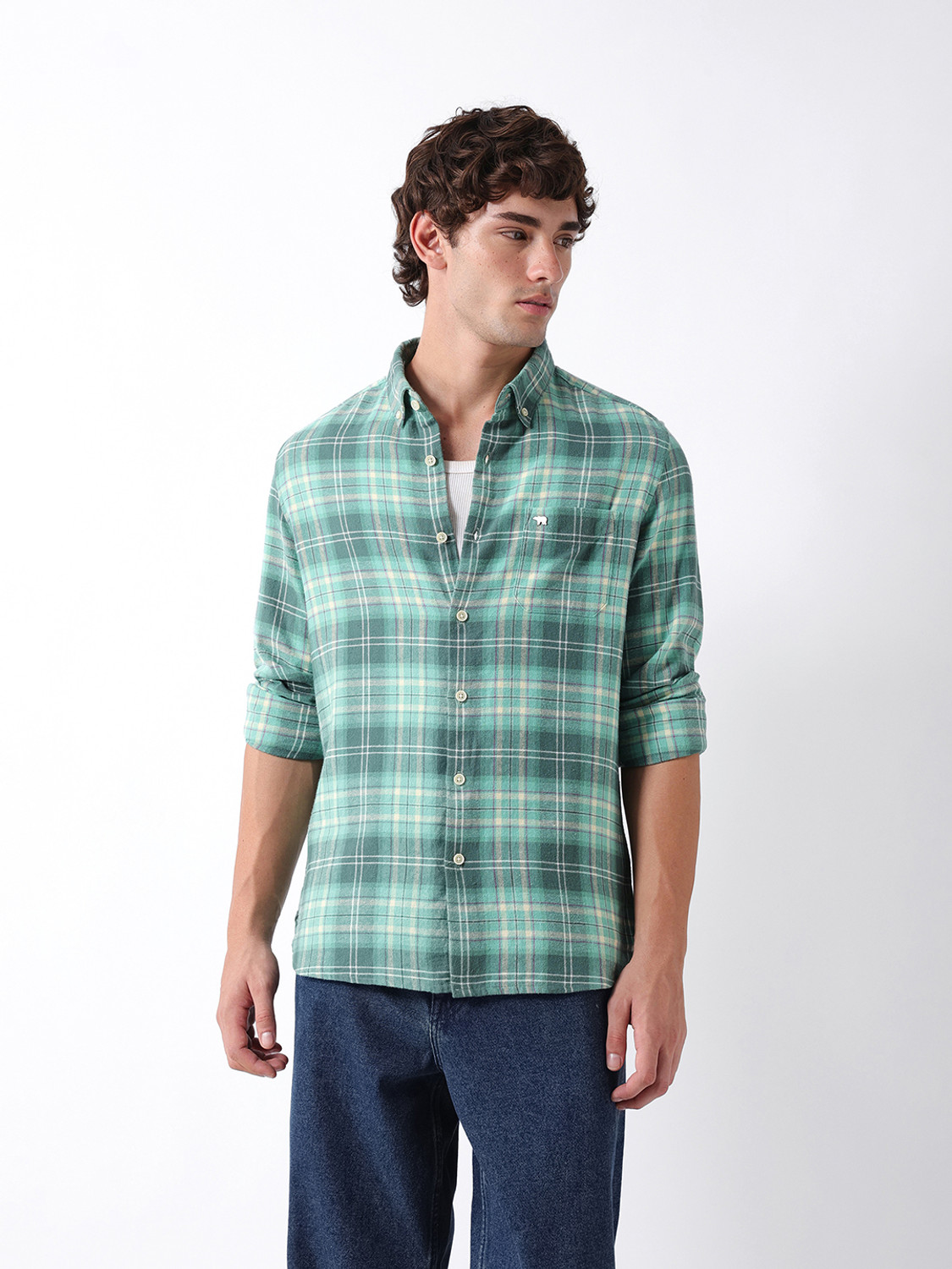 Image of THE BEAR HOUSE Men Checkered Casual Green Shirt