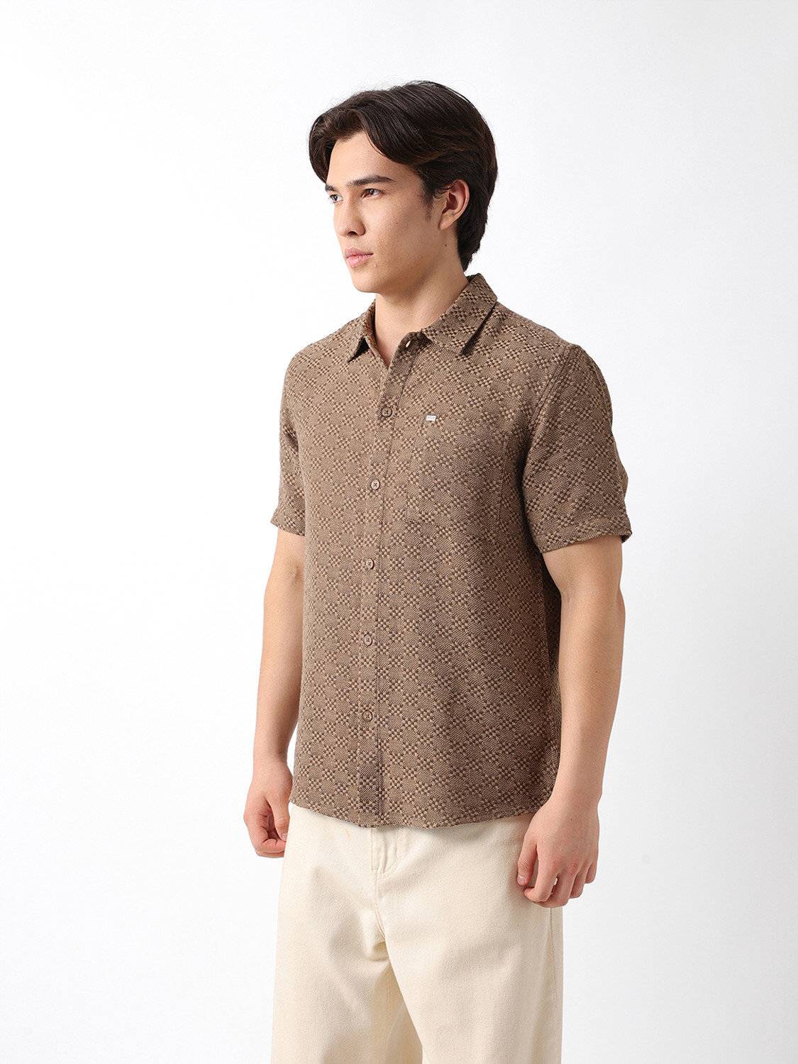Image of THE BEAR HOUSE Men Self Design Casual Beige Shirt