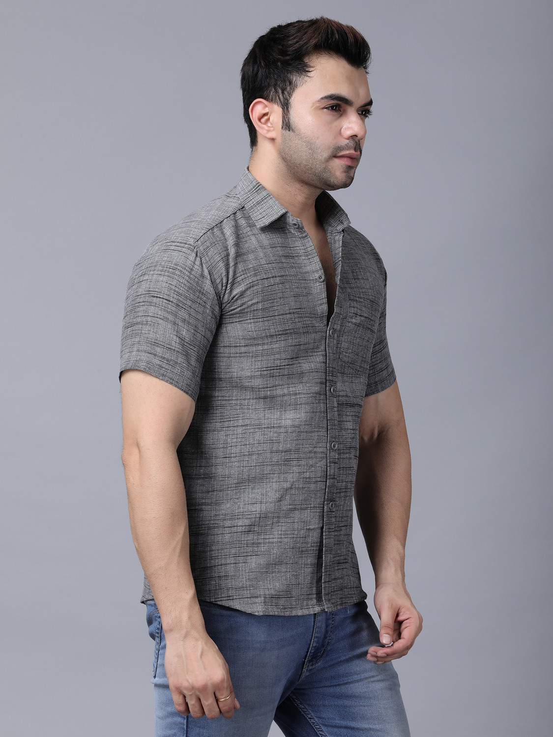 Image of TRADITIQUE Men Self Design Casual Grey Shirt