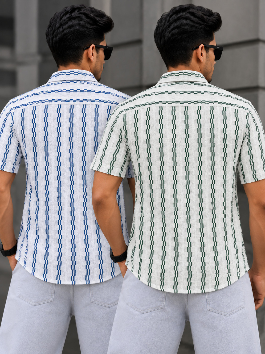 Image of VINTHON Men Striped Casual Blue, Green Shirt