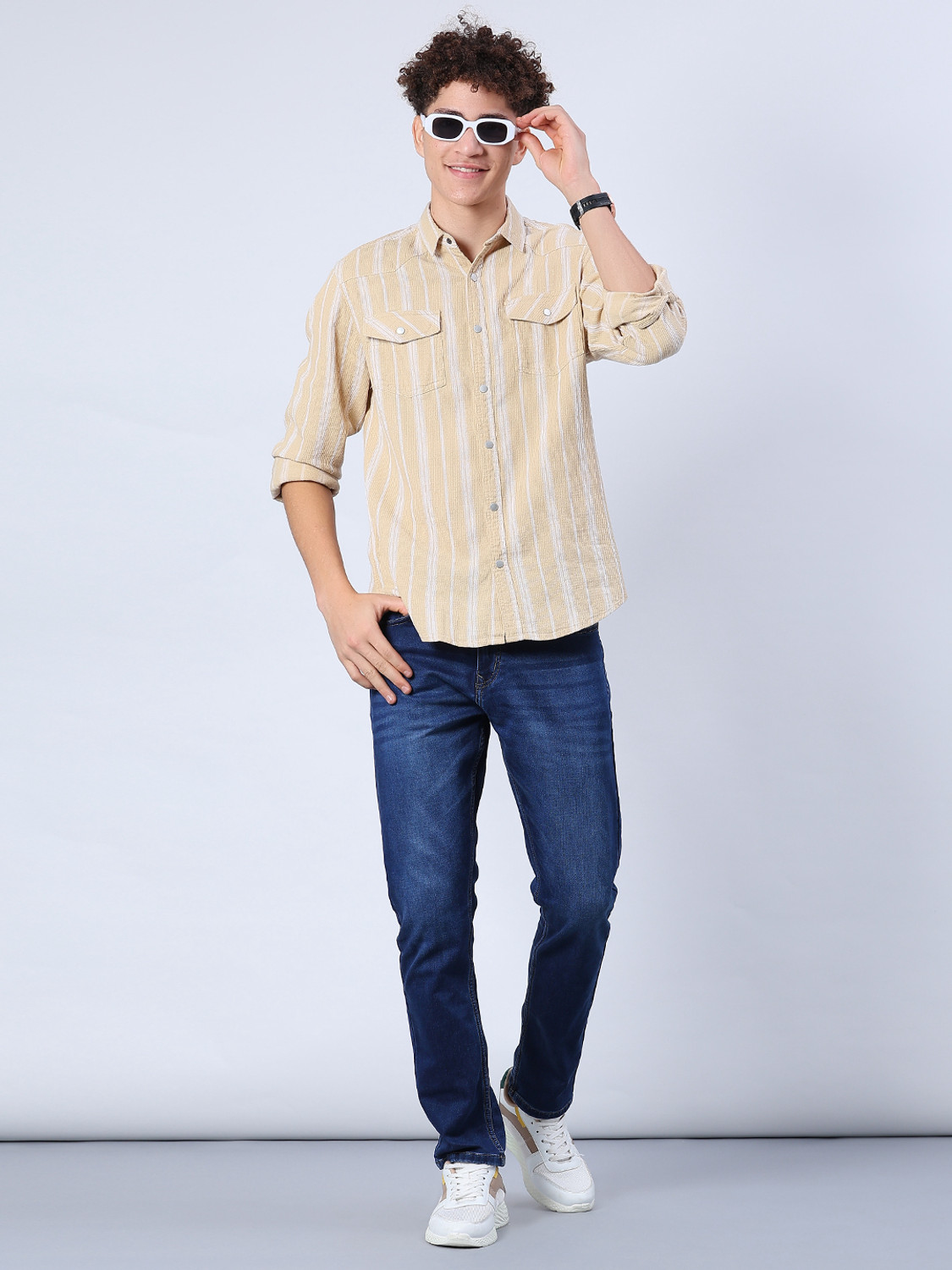 Image of V-MART Men Striped Casual Beige Shirt