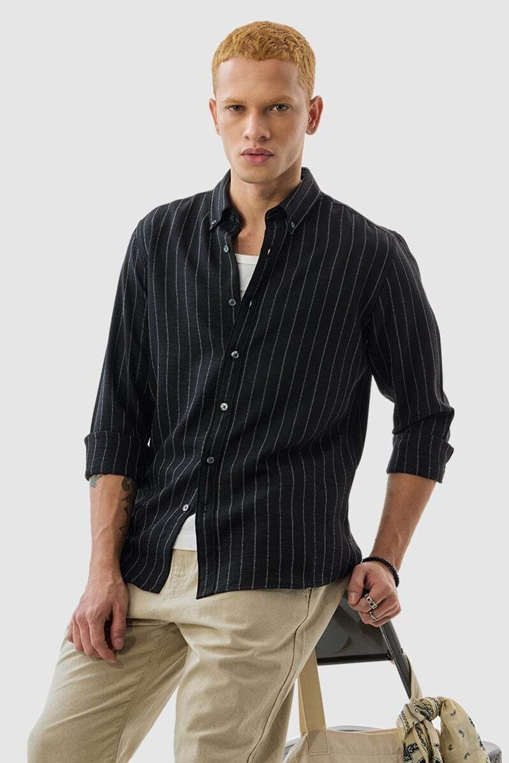 Image of Snitch Men Striped Casual Black Shirt