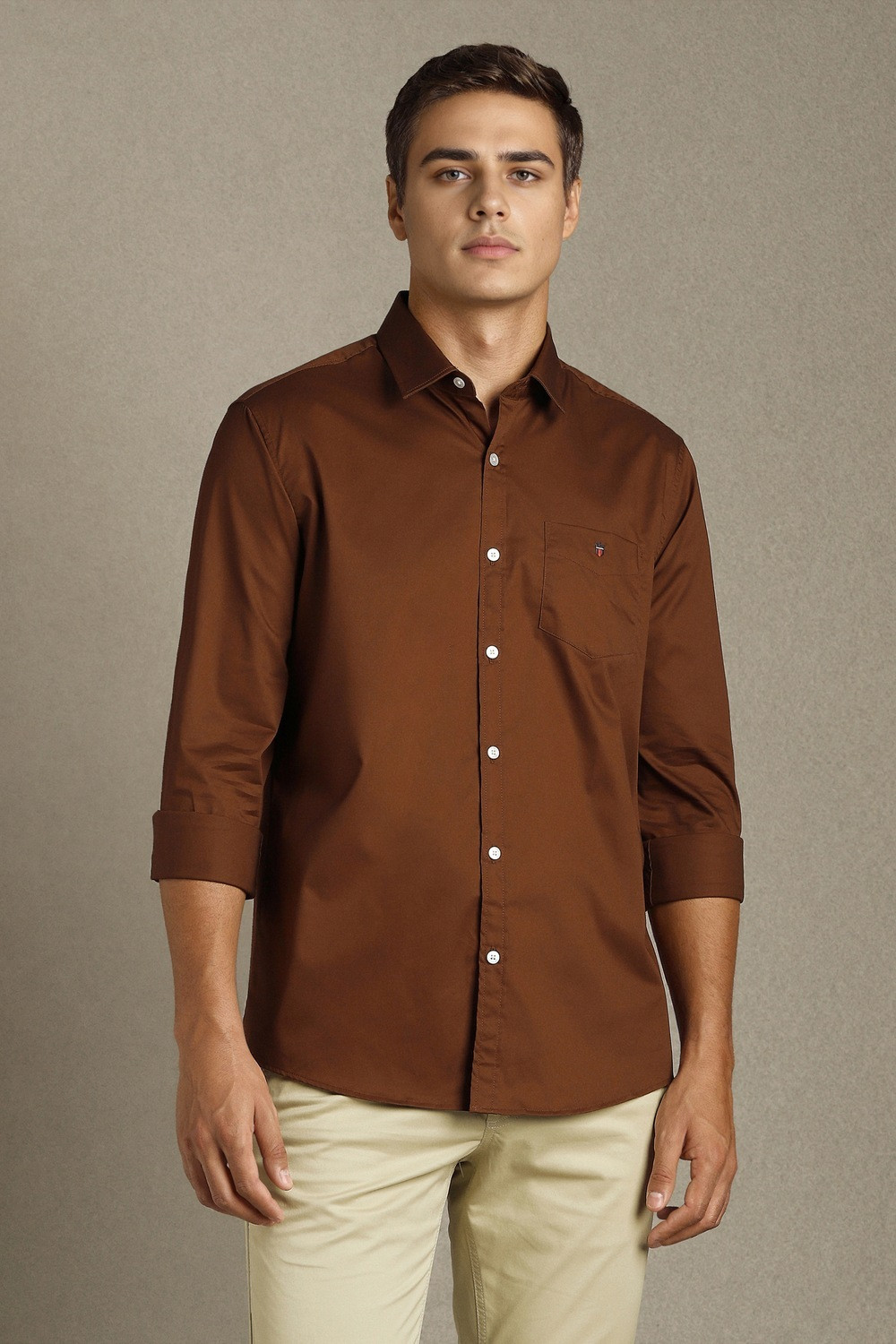 Image of LOUIS PHILIPPE Men Solid Casual Brown Shirt
