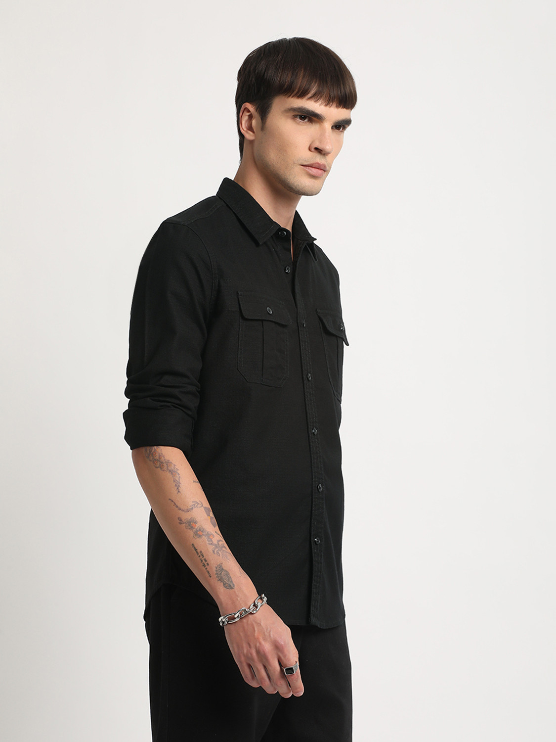 Image of THE BEAR HOUSE Men Solid Casual Black Shirt