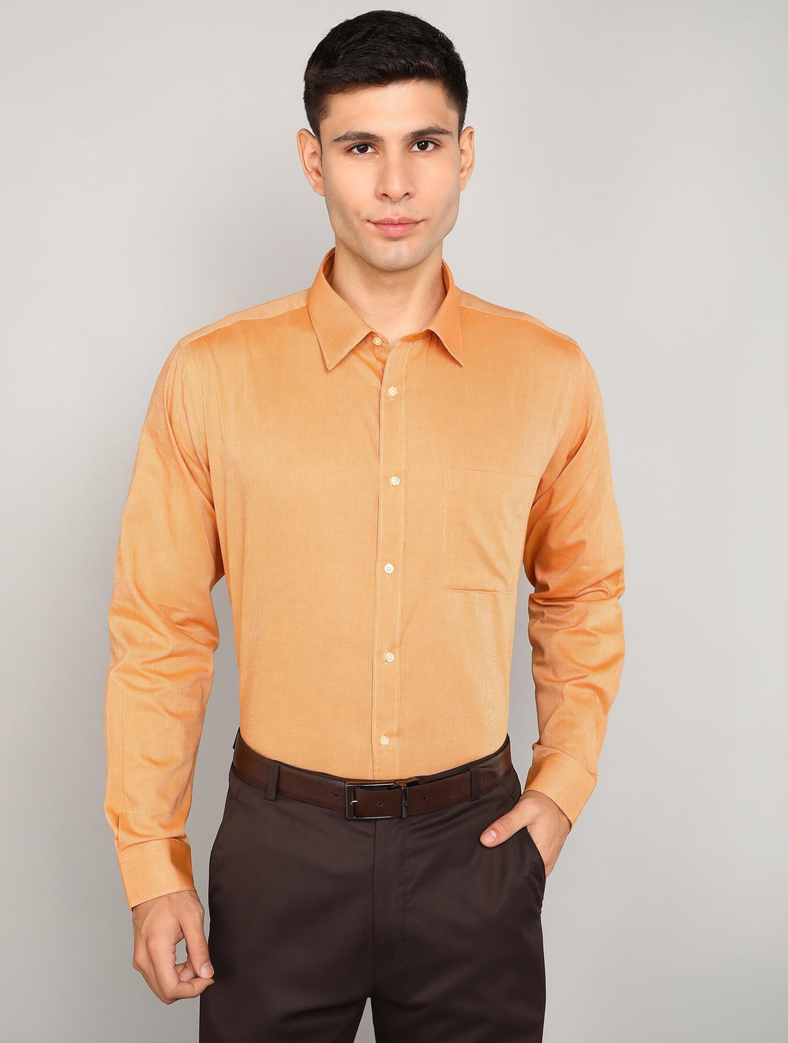 Image of Raymond Men Self Design Formal Yellow Shirt