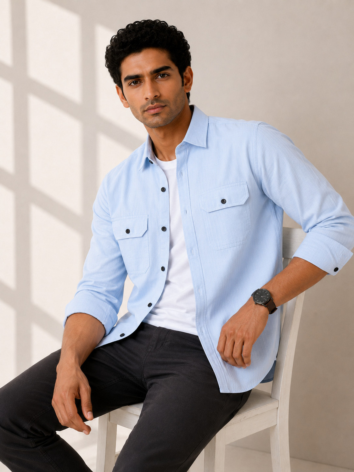Image of Lyphy Men Solid Casual Light Blue Shirt
