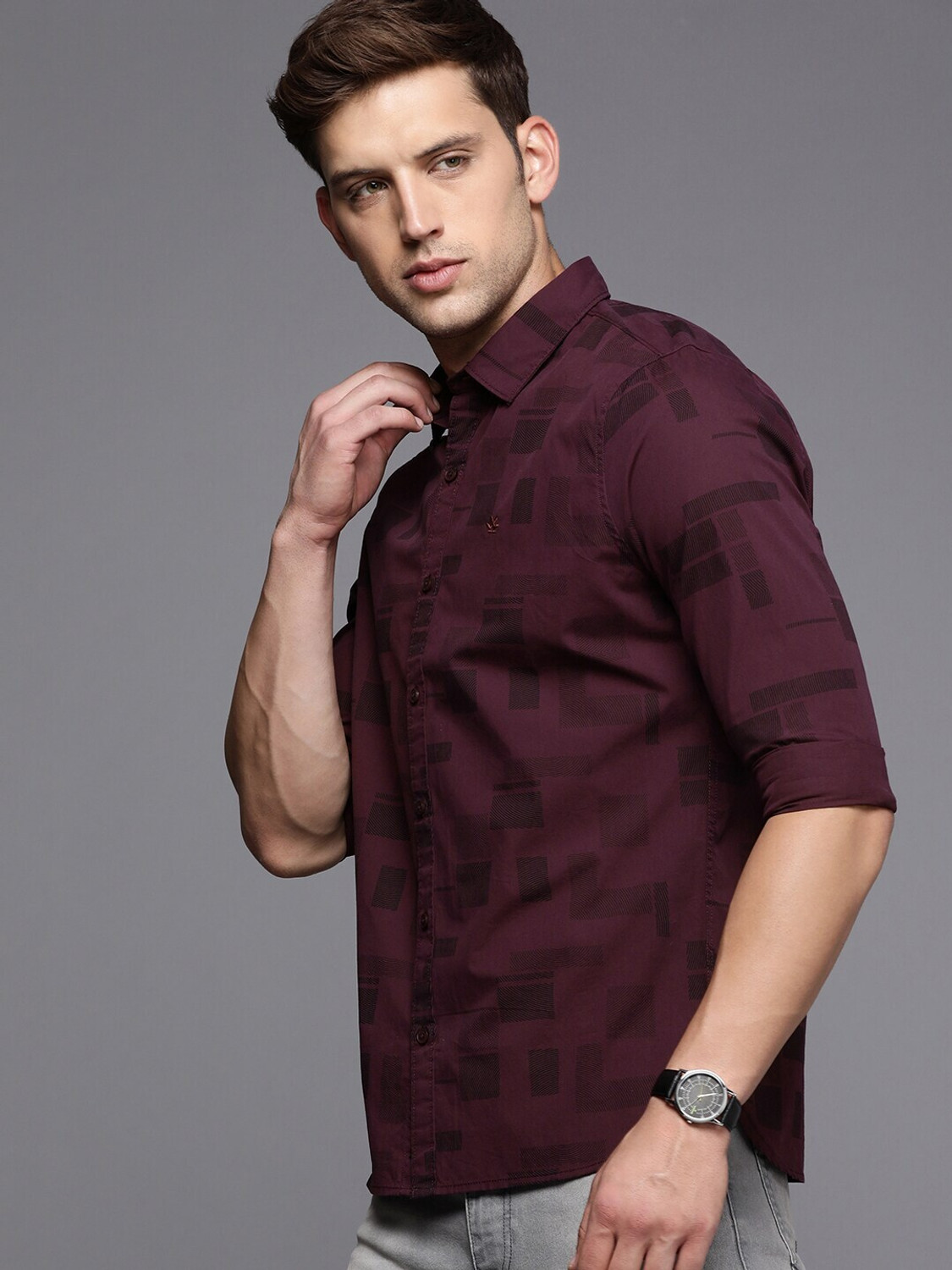 Image of WROGN Men Printed Casual Purple, Black Shirt