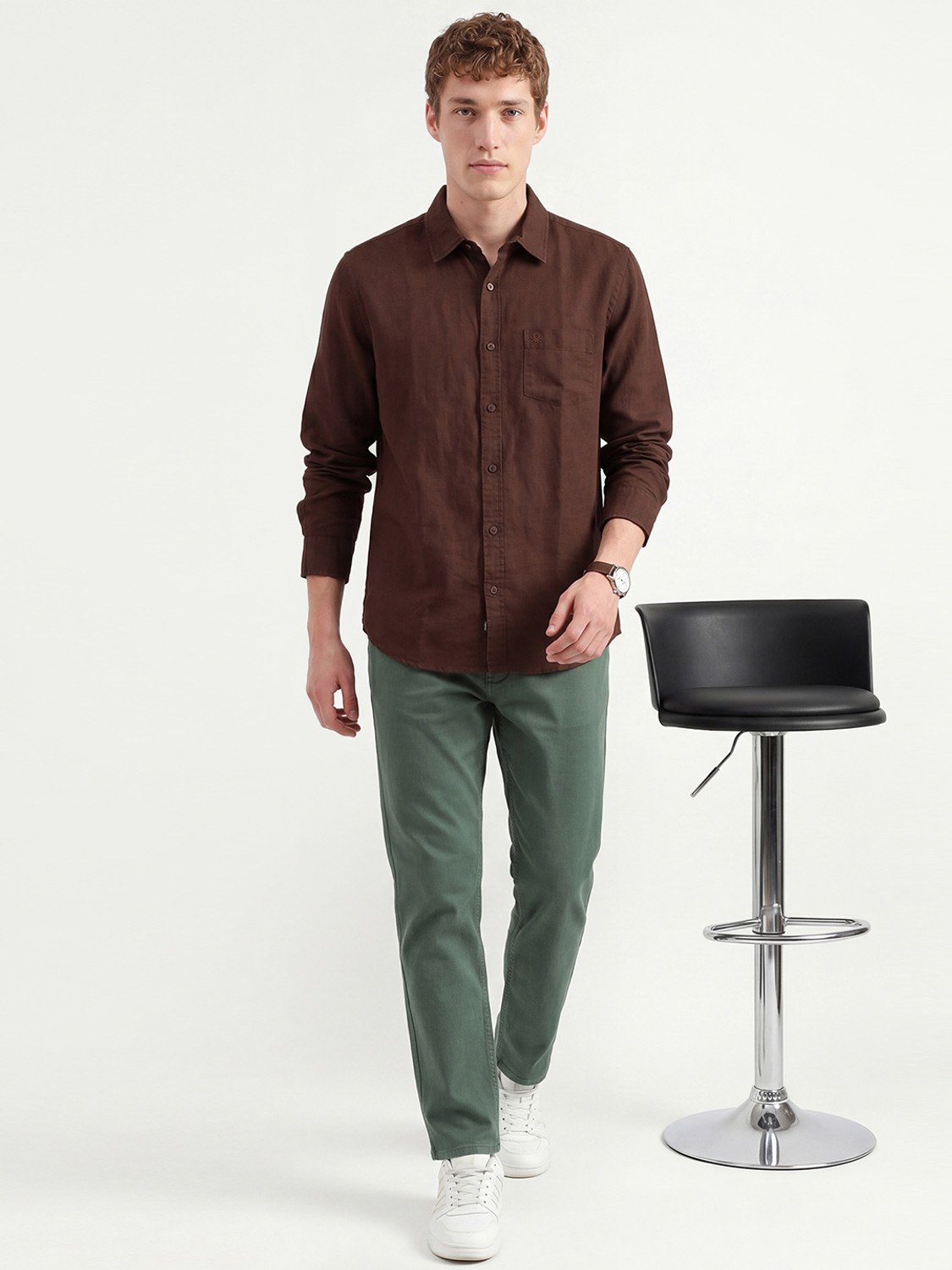 Image of United Colors of Benetton Men Solid Casual Brown Shirt
