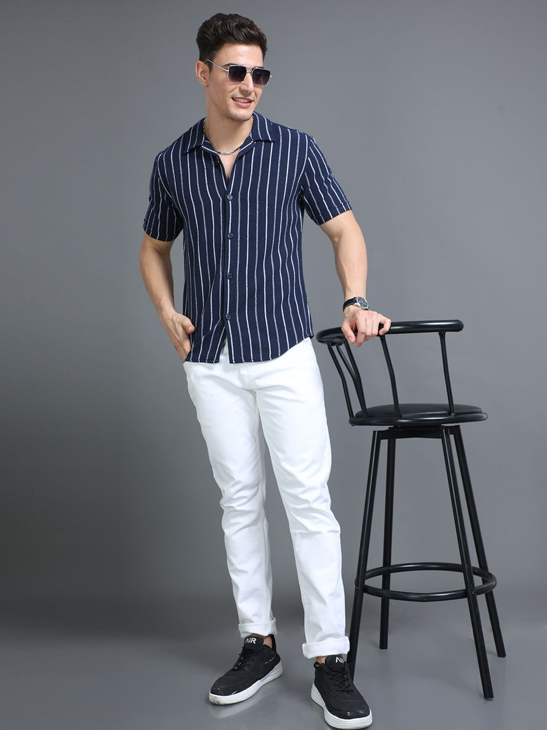 Image of HERE&NOW Men Striped Casual Blue Shirt