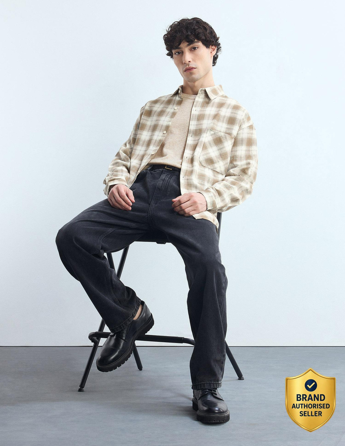 Image of FLYING MACHINE Men Checkered Casual Brown, White Shirt