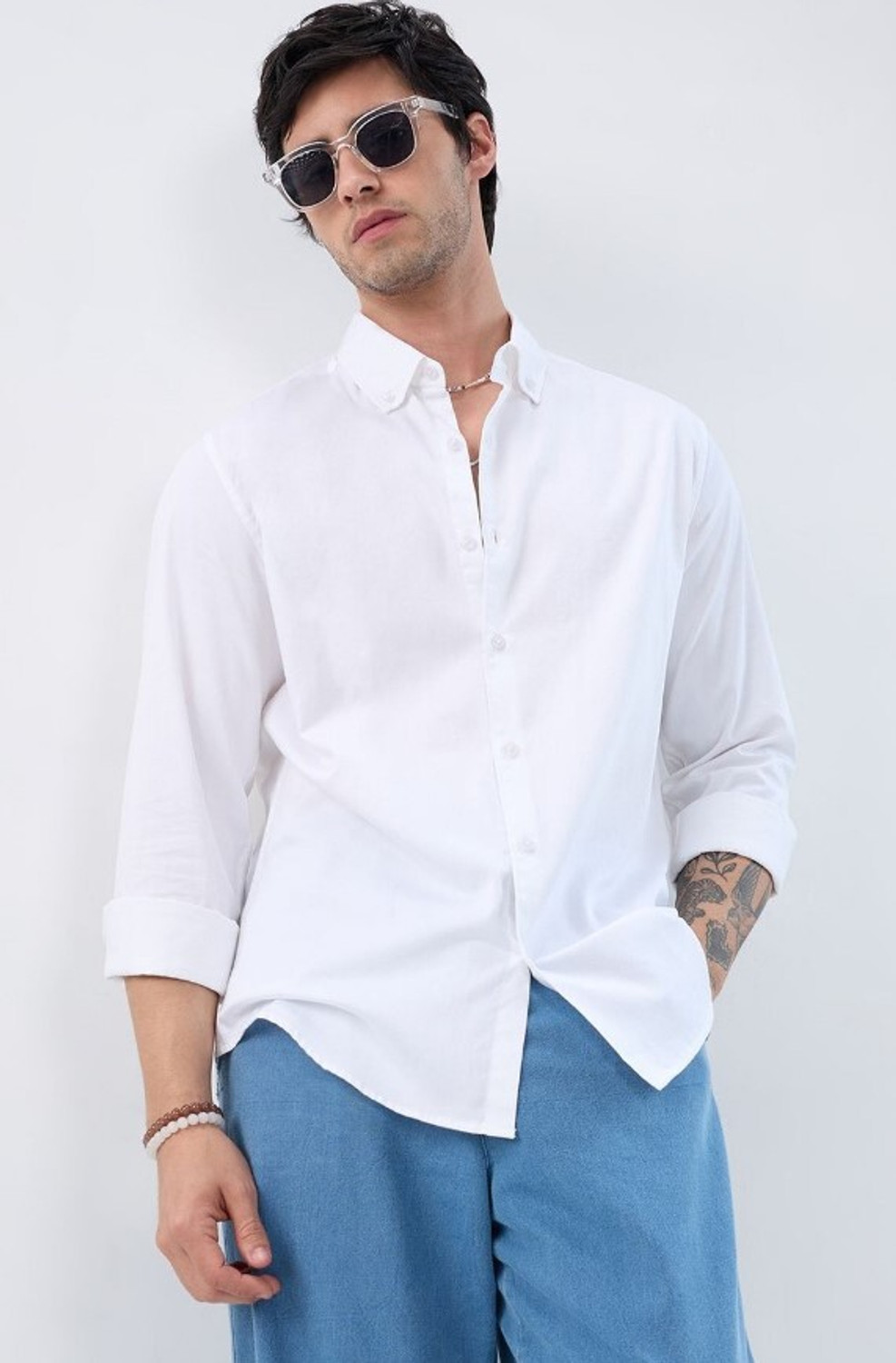 Image of VAIDDO Men Solid Casual White Shirt