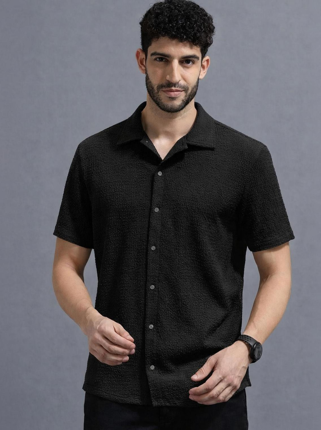 Image of COMBRAIDED Men Solid Casual Black Shirt