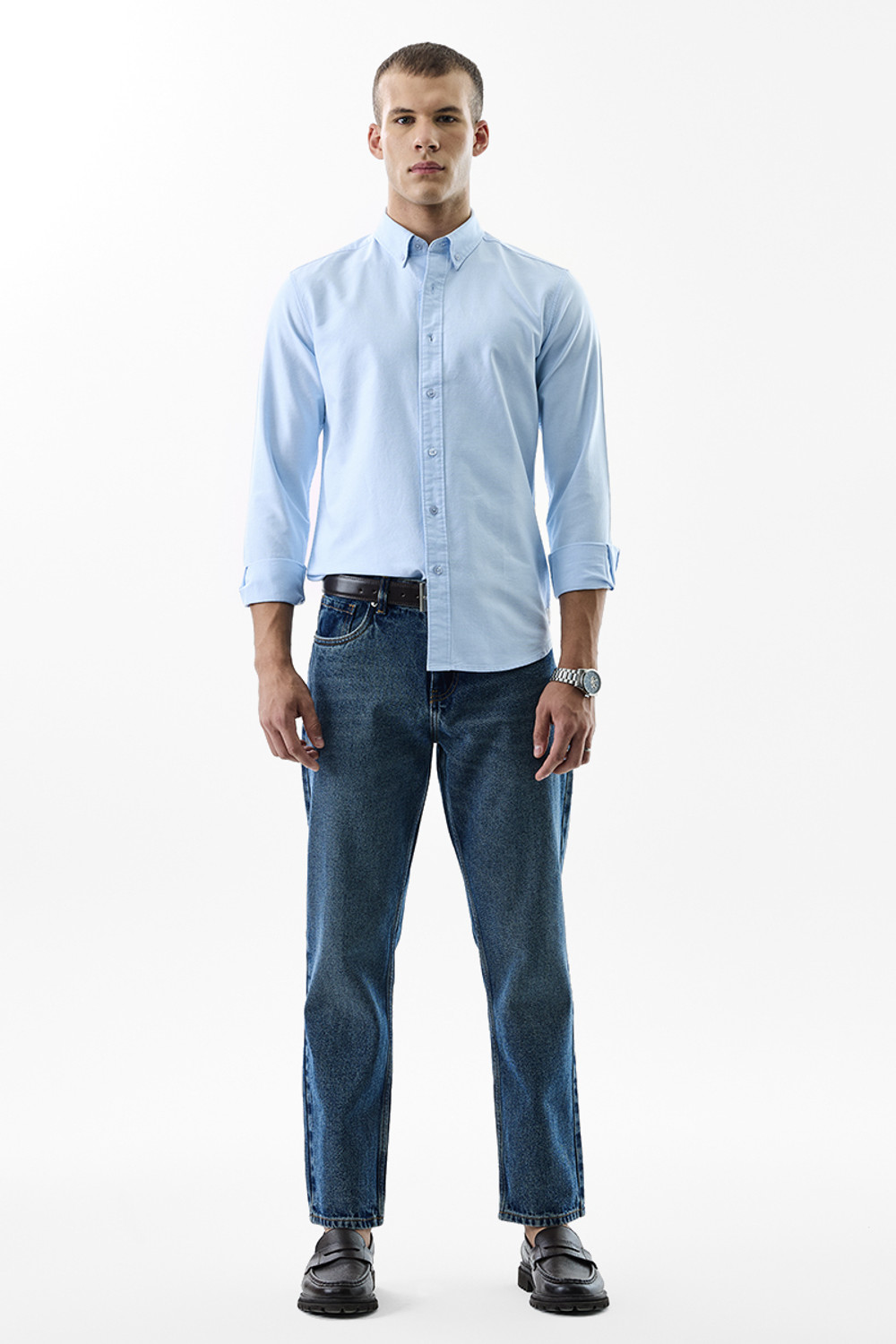 Image of Snitch Men Solid Casual Light Blue Shirt