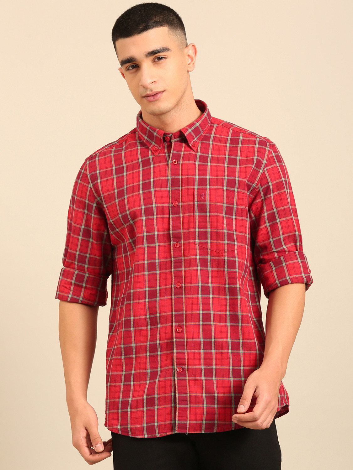 Image of CAVALLO BY LINEN CLUB Men Checkered Casual Red Shirt