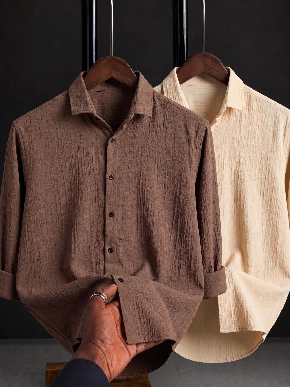 Image of Khushi Creation Men Self Design Casual Brown, Beige Shirt