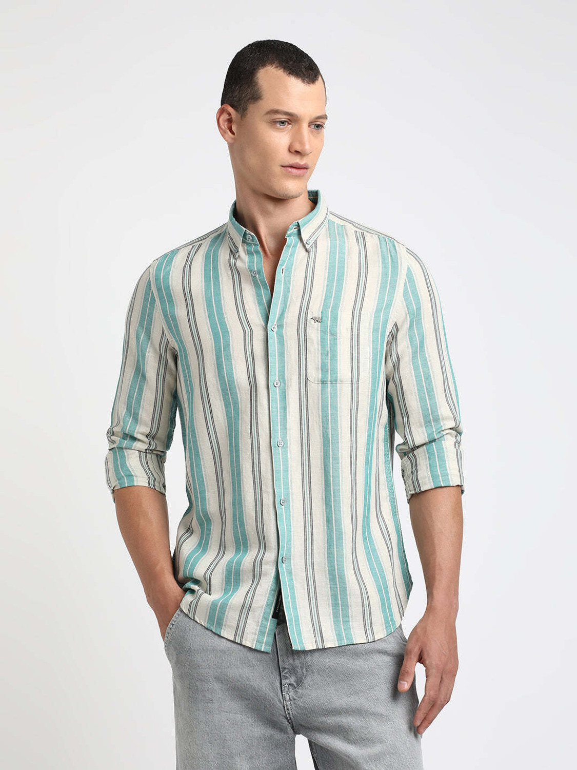 Image of THE BEAR HOUSE Men Striped Casual Blue Shirt