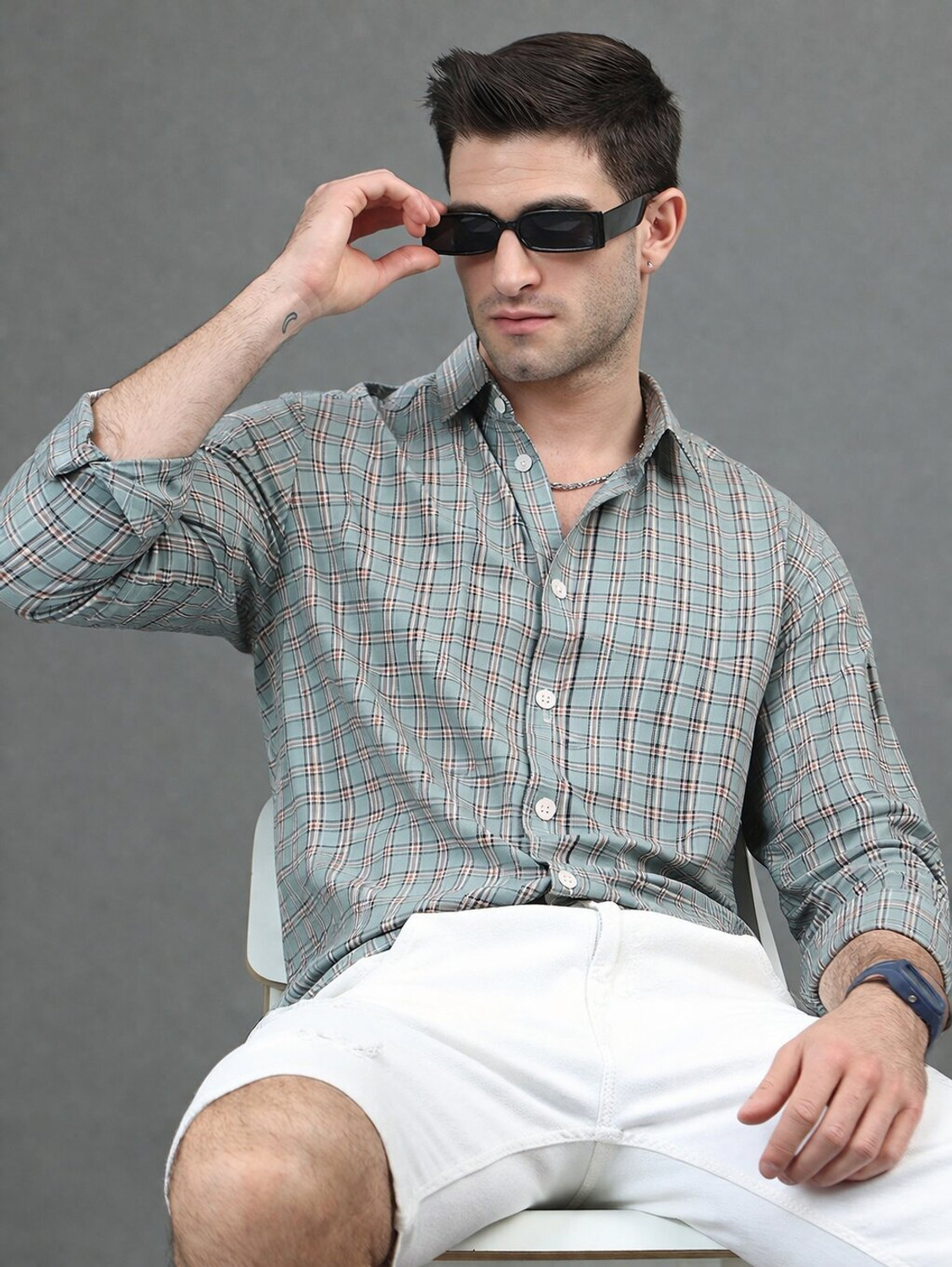 Image of Roadster Men Checkered Casual Light Green Shirt