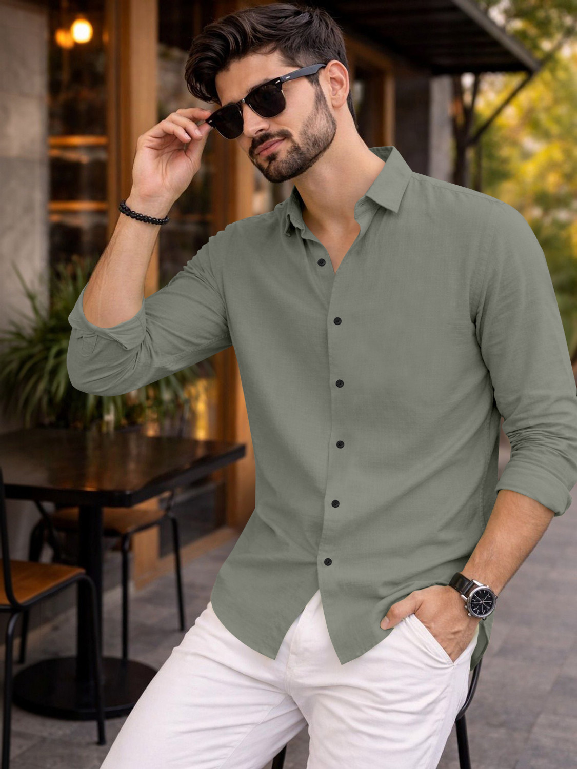 Image of Mameru Men Regular Fit Solid Cut Away Collar Casual Shirt