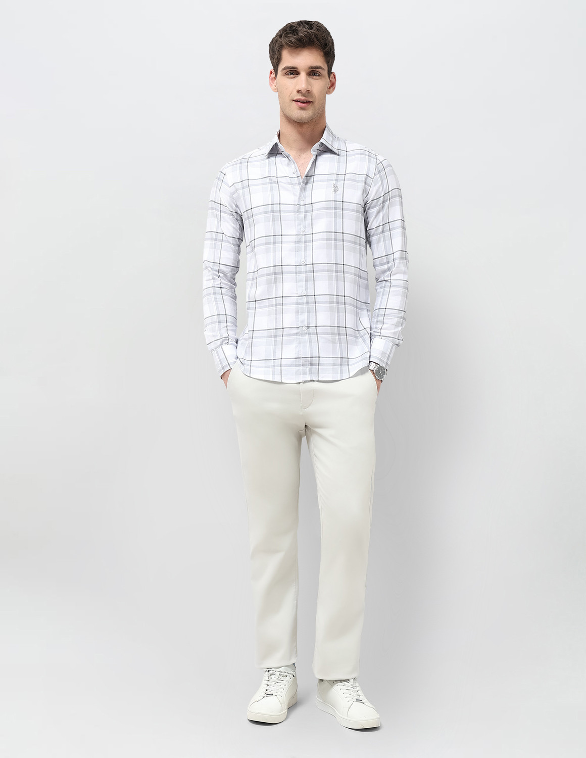 Image of U.S. POLO ASSN. Men Checkered Casual Grey Shirt