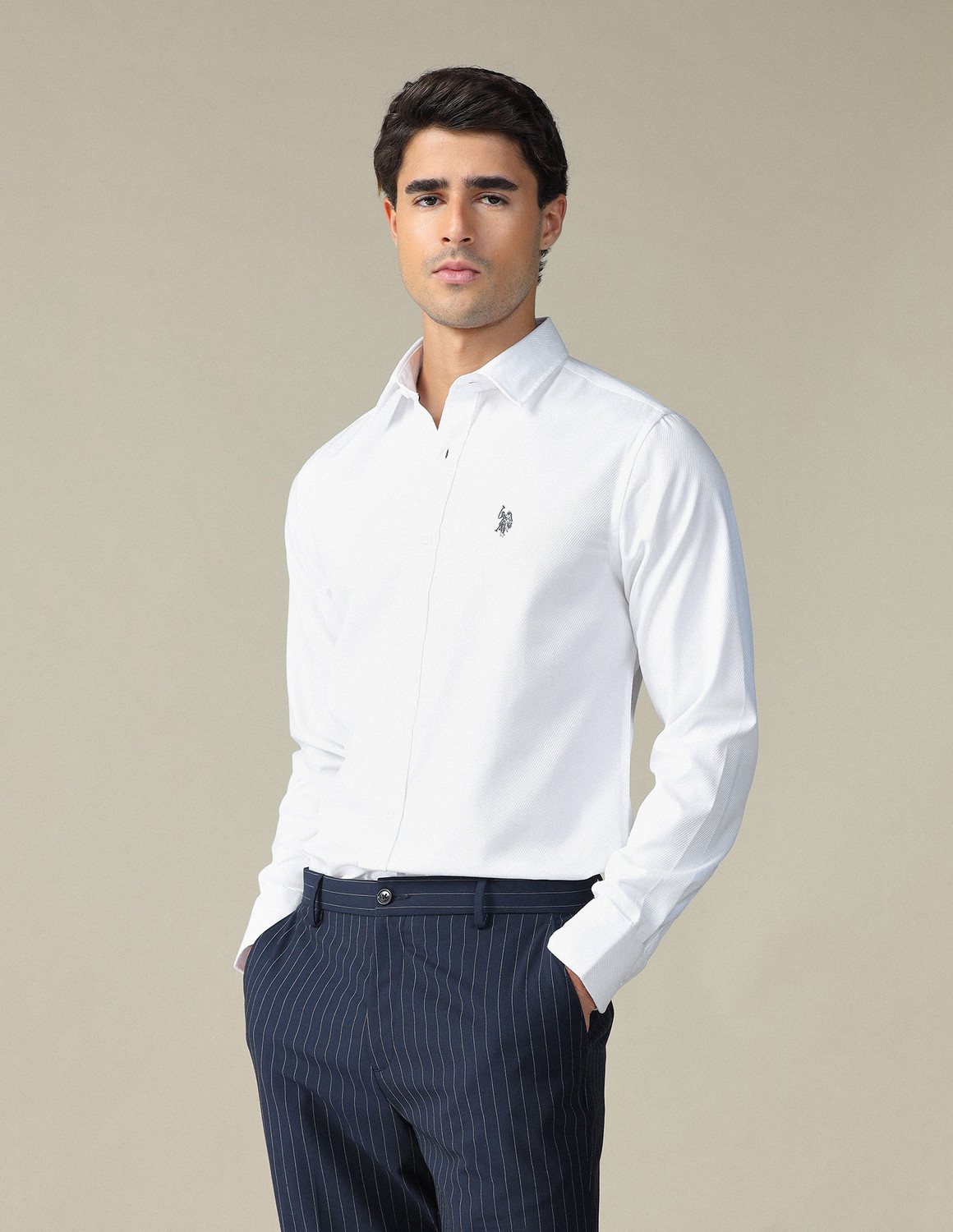 Image of U.S. POLO ASSN. Men Self Design Formal White Shirt