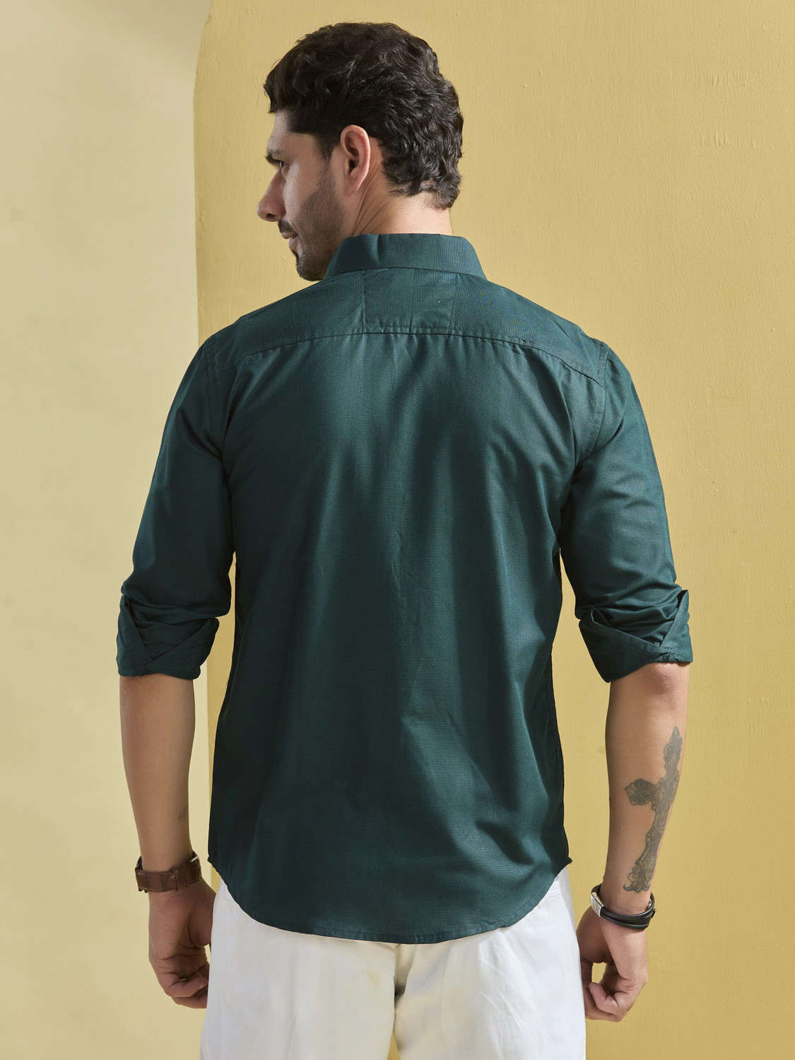 Image of STONEBERG Men Solid Formal Dark Green Shirt