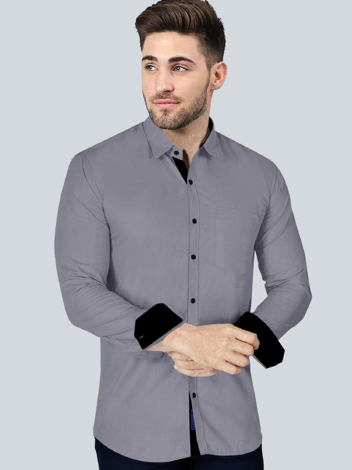 Image of VTEXX Men Solid Beach Wear Grey Shirt