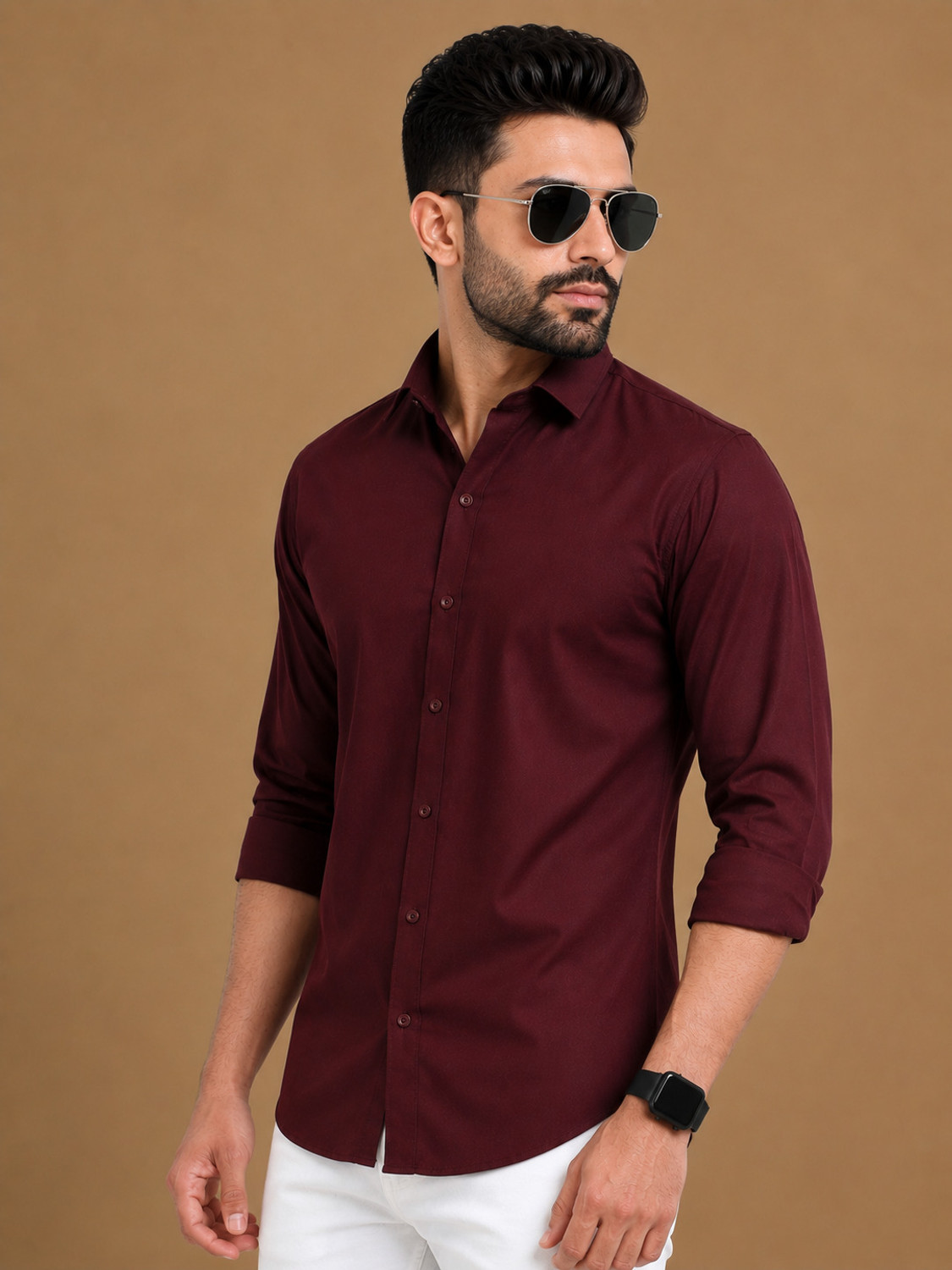 Image of GLOBAL NOMAD Men Solid Casual Maroon Shirt