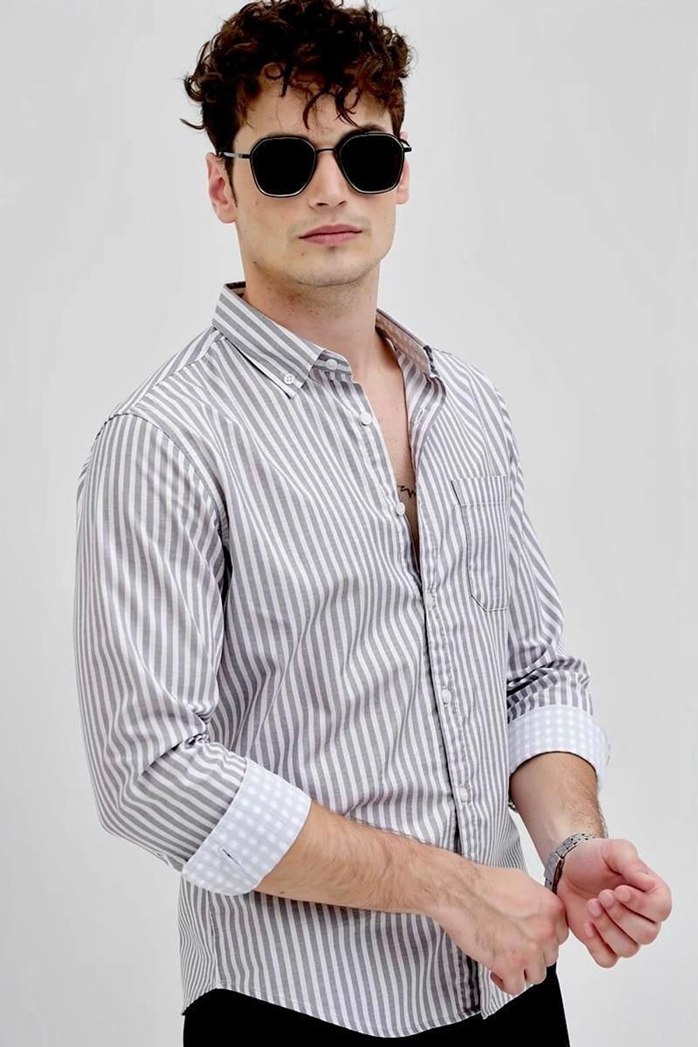 Image of RODEIZ Men Striped Casual Grey, White Shirt