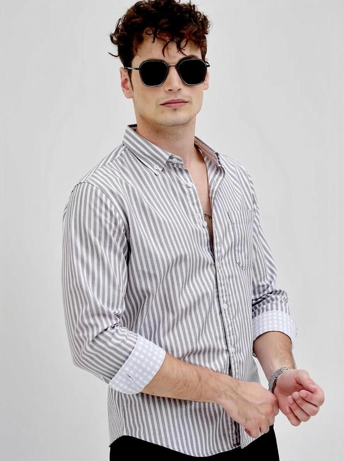 Image of RODEIZ Men Striped Casual Grey, White Shirt