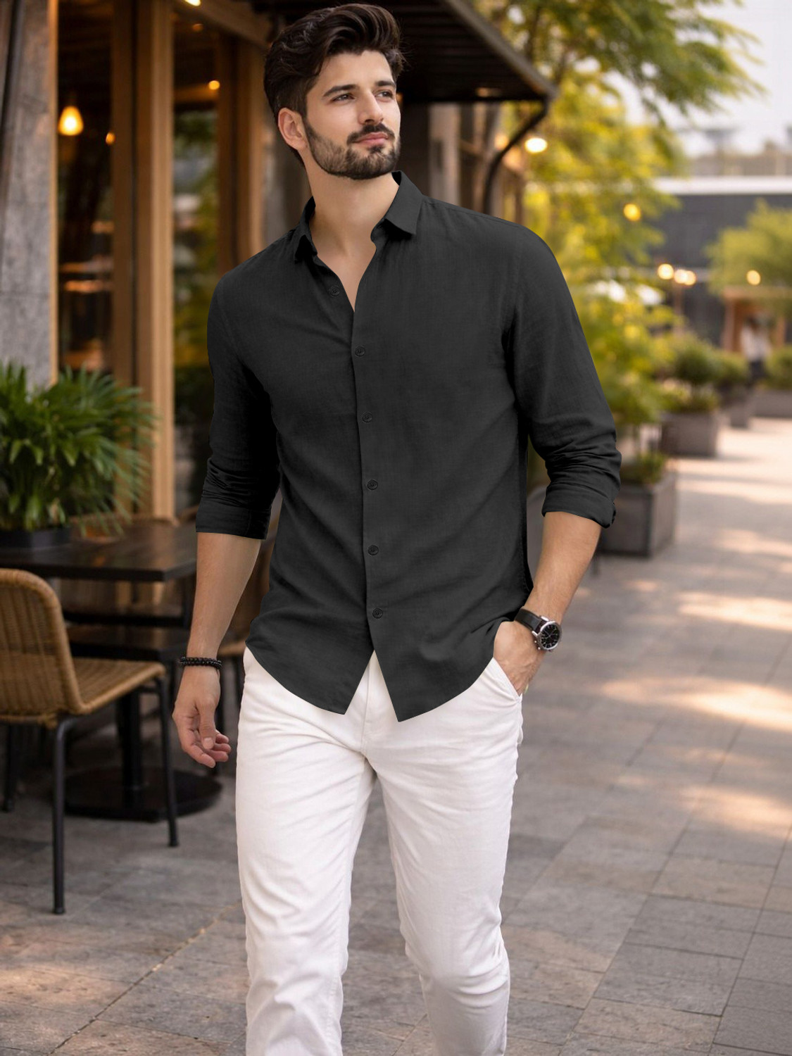 Image of Mameru Men Regular Fit Solid Cut Away Collar Casual Shirt