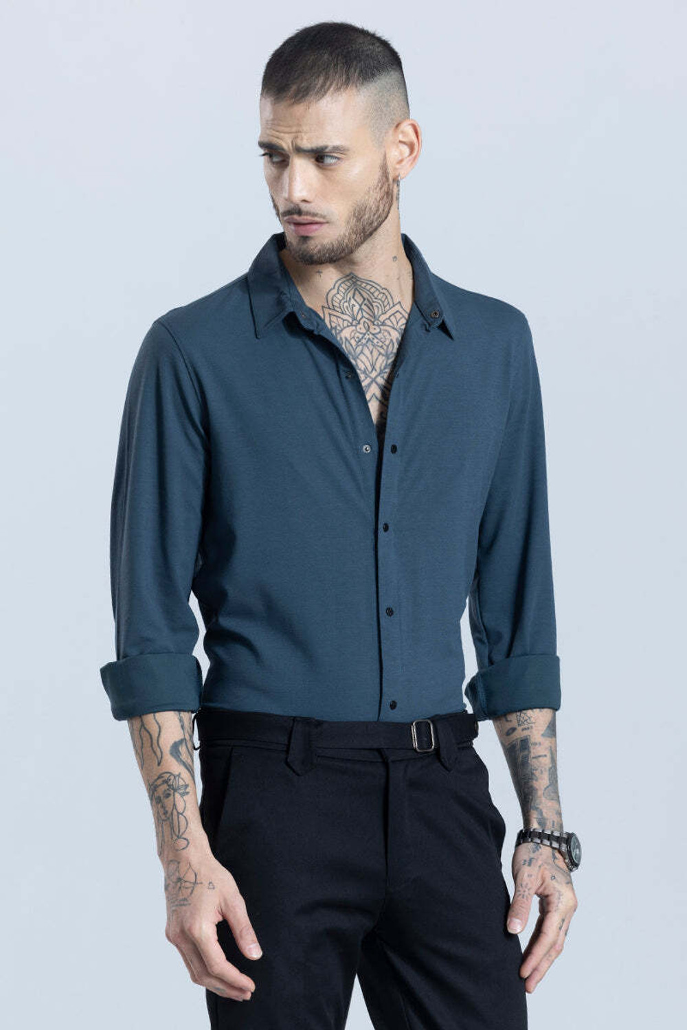 Image of Snitch Men Solid Formal Blue Shirt