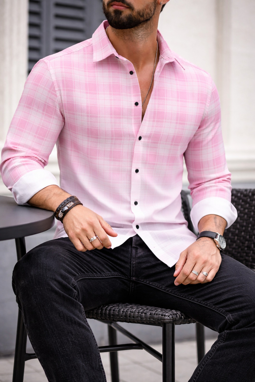 Image of Kizyoo Men Checkered, Dyed /Ombre Casual Purple, White Shirt