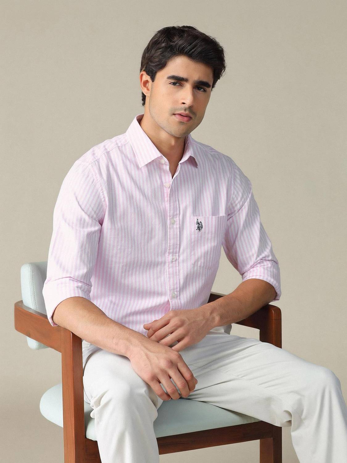 U.S. POLO ASSN. Men Striped Pink White Casual Shirt