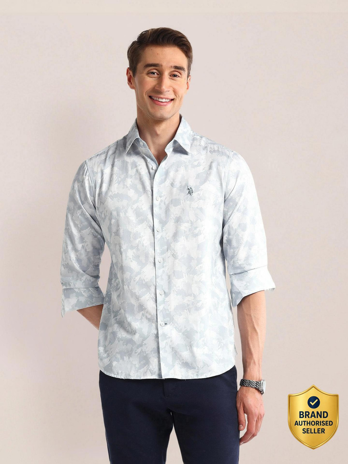 Image of U.S. POLO ASSN. Men Printed Casual Blue Shirt