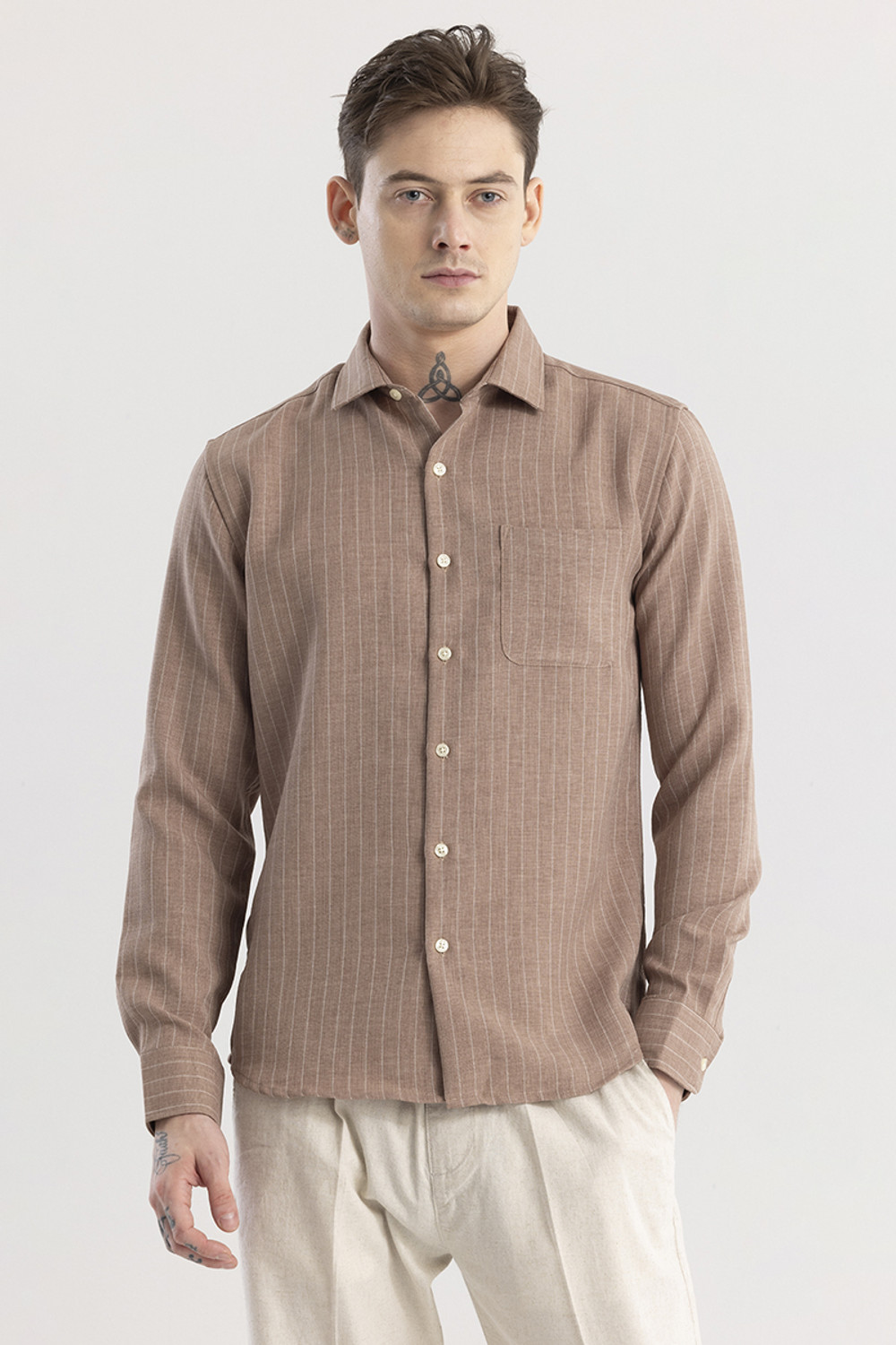 Image of Snitch Men Striped Casual Brown Shirt