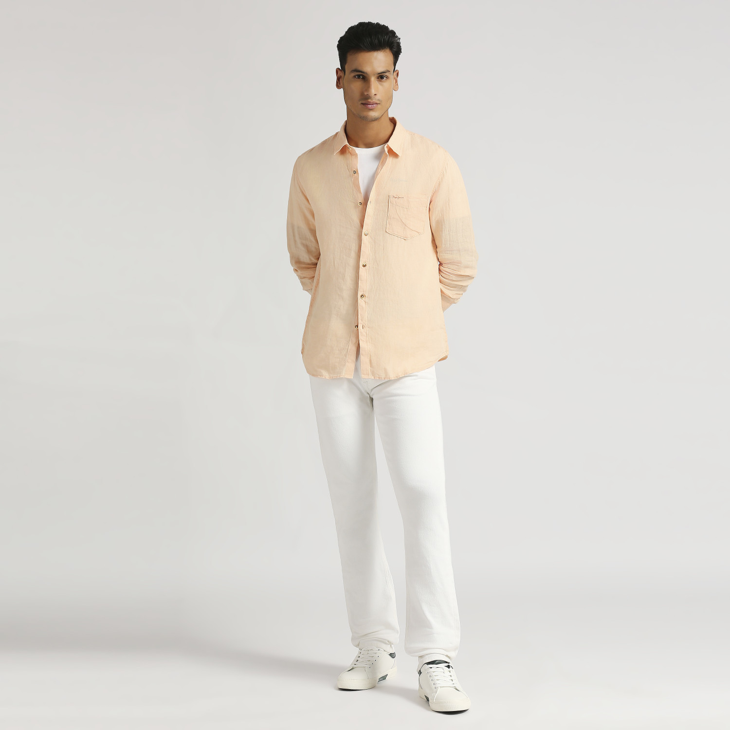 Image of Pepe Jeans Men Solid Casual Orange Shirt