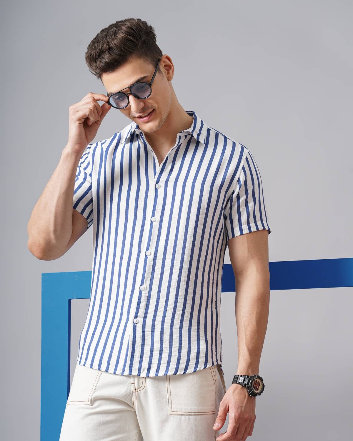British Club Men Striped Casual White, Blue Shirt