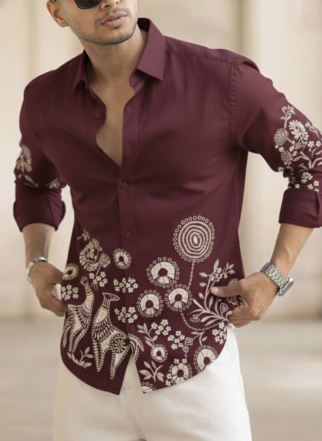 Image of Zonly Men Self Design Casual Maroon, Green Shirt